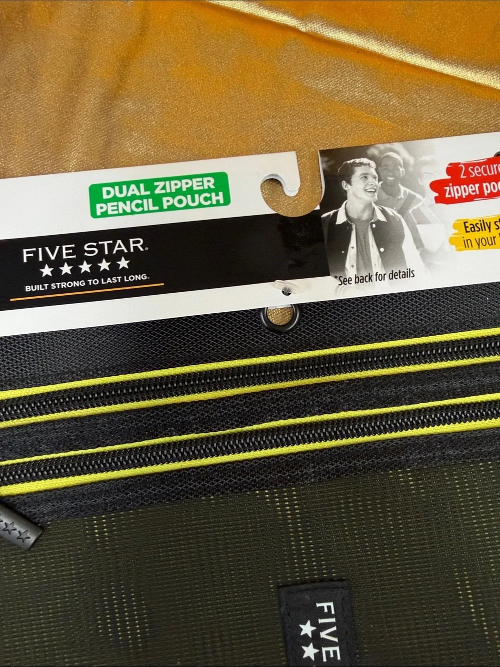 Five Star Black and Yellow Dual-Zipper Pencil pouch 2 secure zipper pockets